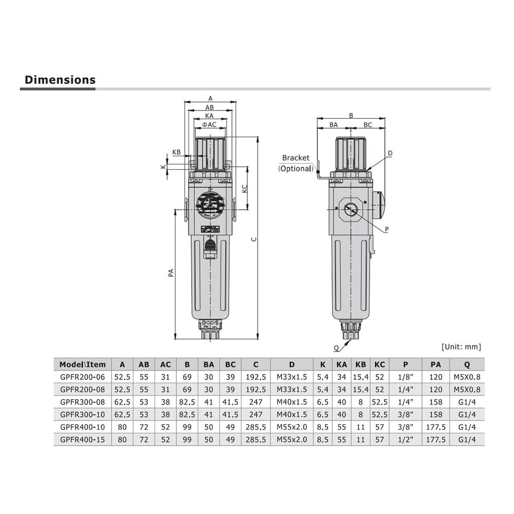 GPFR40010ASDT AIRTAC COALESCING FILTER/REGULATOR GPFR400 SERIES 3/8" NPT 20-130 PSI 0.01 MIC AD MNT BRK